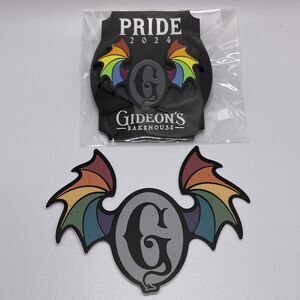 Gideon’s Bakehouse Winged G Pride Large Pin Rainbow Gargoyle and Sticker 2024